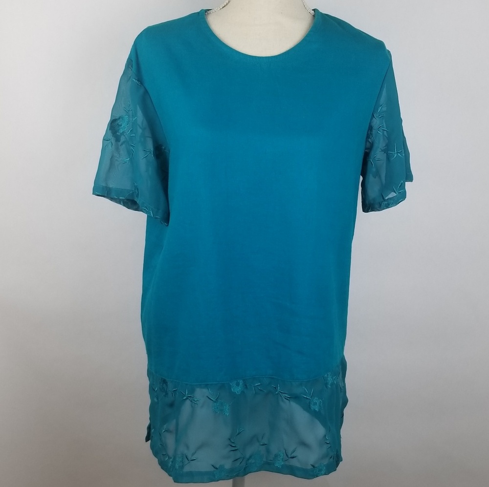 Country Wear Casuals Blue Blouse w Lace slvs Sz M